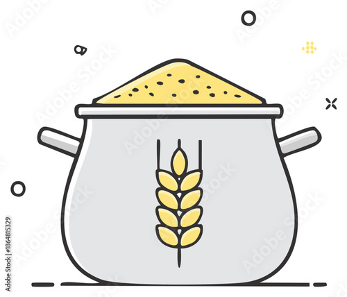 Pot of Grains with Wheat Stalk Illustration, Rustic Cooking, Kitchen Tool, Harvest Ingredients, Cereal, Vector Graphic