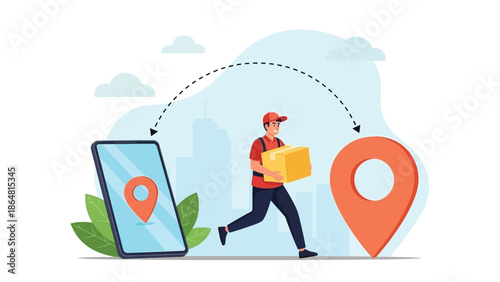 Delivery Driver Carrying Package with Mobile Map and Location Pin in Urban Scene