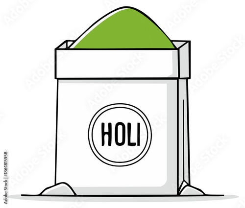 White bag filled with vibrant green Holi festival powder for traditional spring celebration