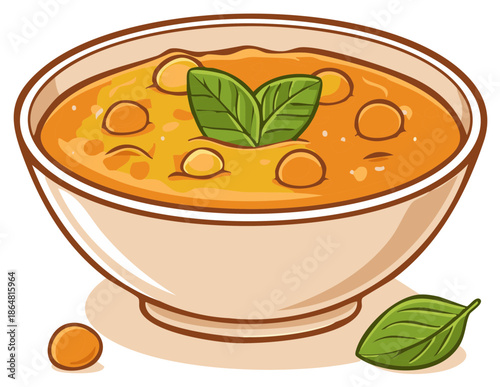 A cartoon illustration of a hearty bowl of lentil or chickpea soup garnished with fresh basil leaves