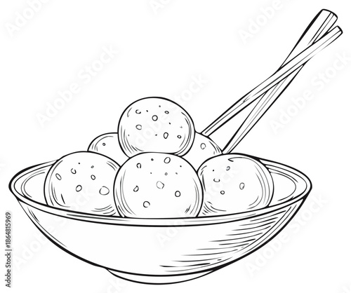Sketch of Meatballs in Bowl with Chopsticks Asian Cuisine Ready to Eat