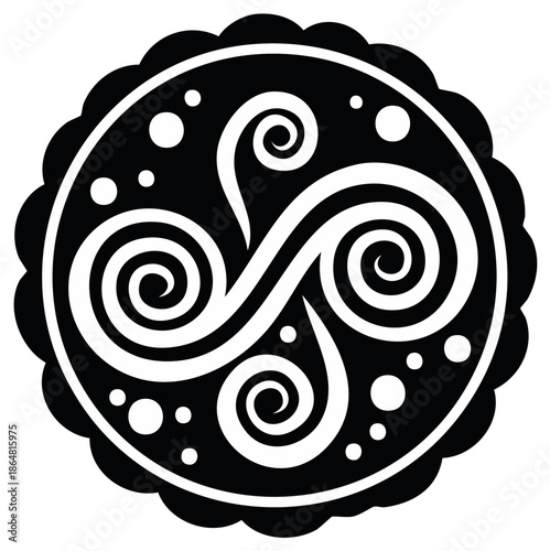 Celtic spiral knot triskelion symbol in a black and white round ornamental design