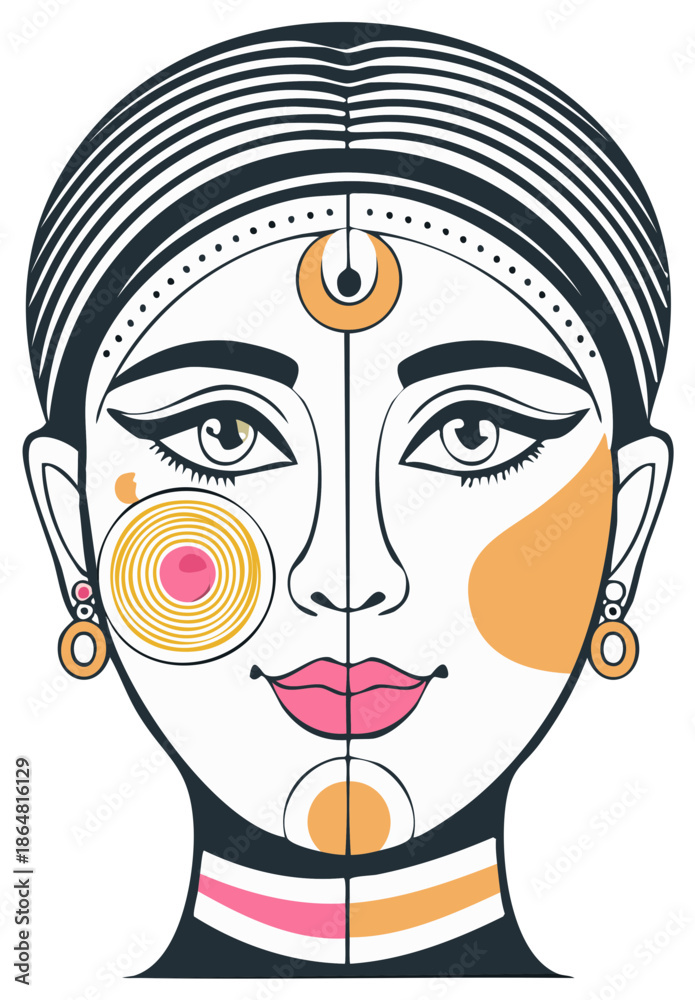 Obraz premium Artistic female face illustration featuring abstract patterns and cultural elements
