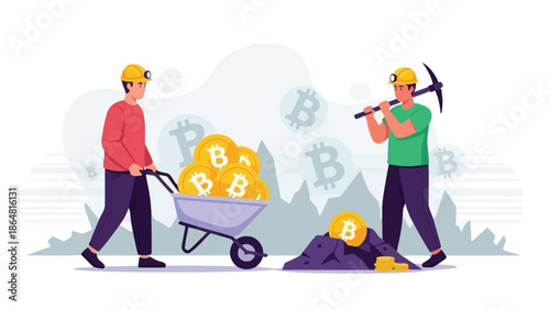 Bitcoin Mining Scene With Workers, Wheelbarrow Of Coins, And Mountain Backdrop In Harsh Terrain