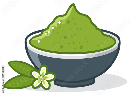 Matcha Powder Bowl with Tea Leaves and Flower Illustration