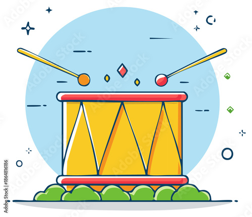 Yellow Drum with Drumsticks and Green Bushes Illustration