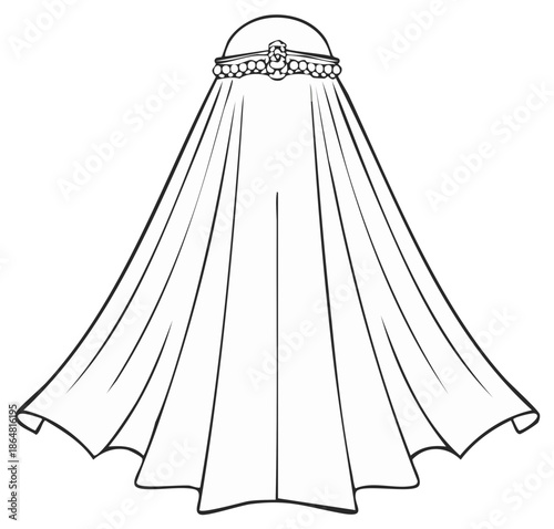 Traditional Ornate Headpiece and Flowing Veil Line Art Illustration