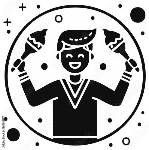 Smiling graphic artist holding paintbrushes in a decorative circular frame