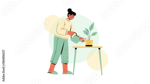 Woman Watering Indoor Plant Using Watering Can in Modern Minimalist Home Environment