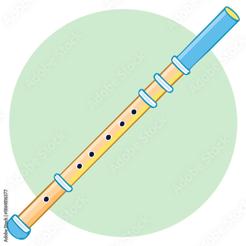 Vibrant cartoon illustration of a yellow and blue recorder woodwind musical instrument