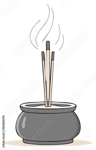 Burning incense sticks in a traditional censer pot with smoke vector illustration