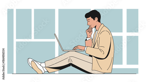 Young man sitting on ledge using laptop contemplating thoughts in a modern indoor setting