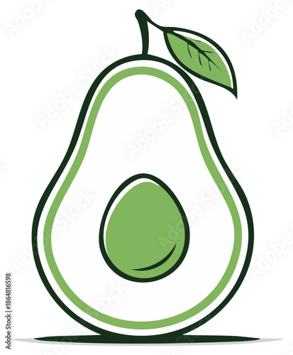 Fresh green avocado half with pit and leaf stylized vector illustration simple graphic design