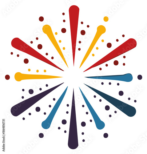 Burst of celebratory energy: Graphic vector illustration of radial shapes, radiating rays, and scattered confetti points.