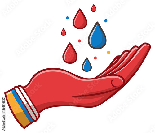 Stylized hand catching red and blue blood drops in symbolic donation vector