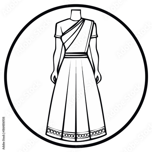 Contour Line Drawing of Female Form Wearing Ethnic Attire in Circle Frame