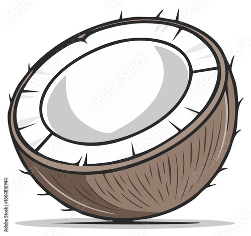 Cartoon illustration of a fresh brown coconut fruit cut in half revealing white flesh