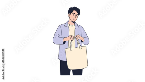 Young man shopping with a reusable tote bag wearing casual clothing illustration