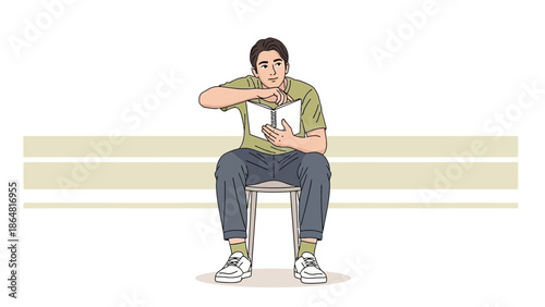 Young man sitting on bench reading a book in a relaxed outdoor setting  emphasizing leisure and