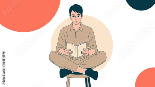 Young man sitting cross-legged on a stool reading a book amidst abstract shapes and vibrant colors