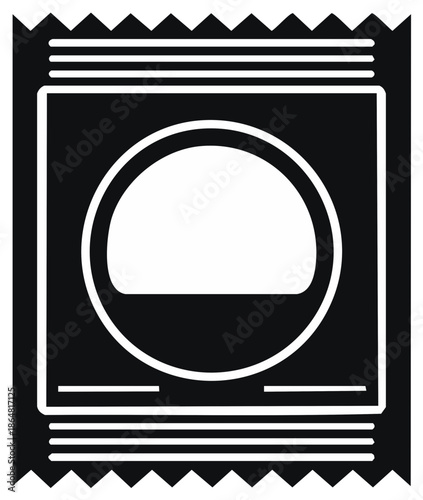 Black and white icon representing a packaged condom for health and safety themes