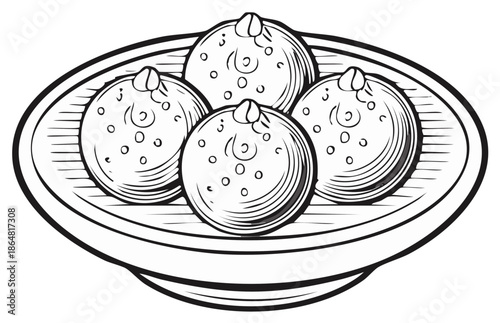Ink drawing of a plate with four sweet round desserts