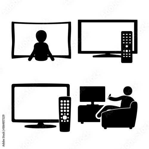 Television viewing and remote control icons set for entertainment. Vector
