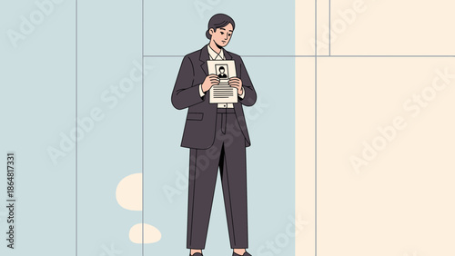 Professional woman in business attire holding a photo ID badge standing confidently in an office