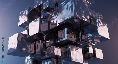 Cluster of shiny metallic cubes with reflections