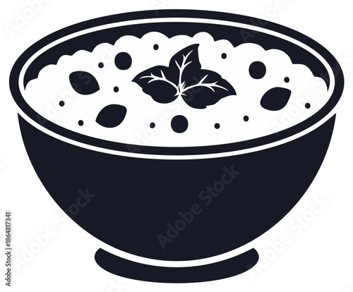 A simple vector icon of a bowl of hot soup or porridge with a fresh herb garnish