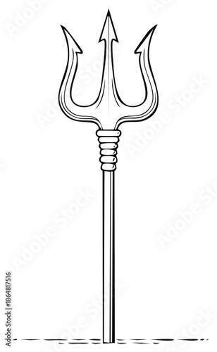 Stylized line art drawing of a mythical three pronged trident weapon symbol for power and sea divinity