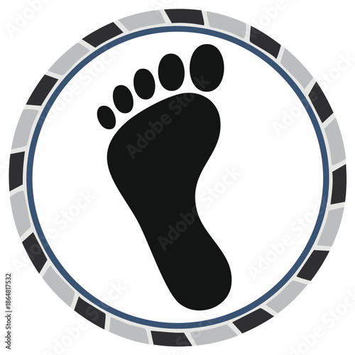 Stylized human left footprint in a minimalist round frame with decorative striped border