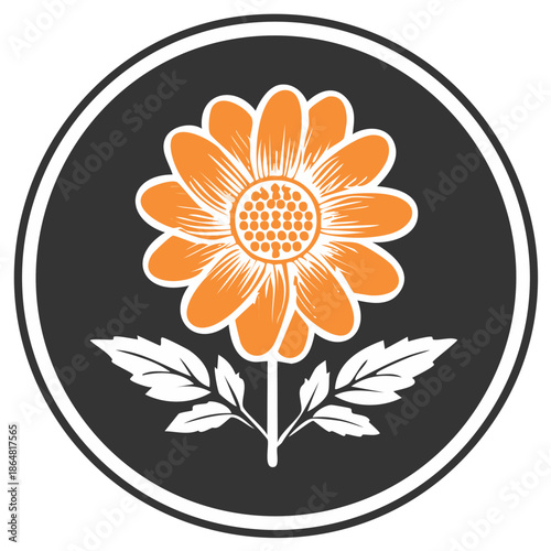 Orange Flower with Leaves in Circle Design for Emblems and Decorative Applications