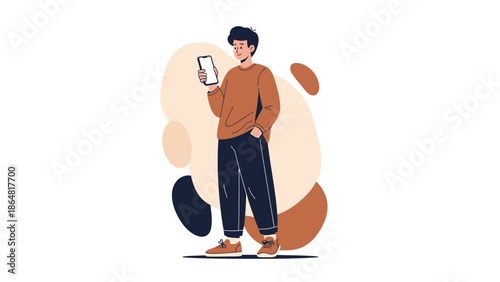 Casual young man standing with mobile phone in hand in modern illustration style