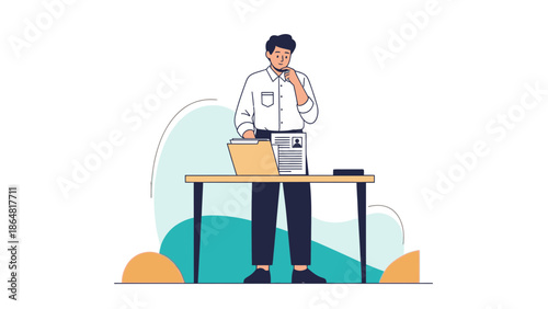 Young businessman standing at his desk with thoughtful expression during work time in a modern