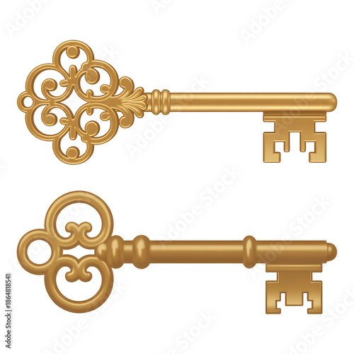 Golden keys set with decorative and classic designs, antique lock elements on white background PNG.