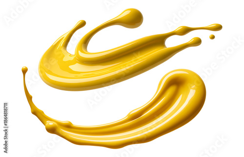 Two glossy golden yellow liquid splashes with droplets, thick viscous fluid captured in motion PNG.