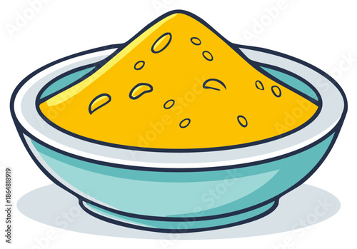 Bright yellow spice or flour ingredient pile in a stylized light blue bowl cartoon