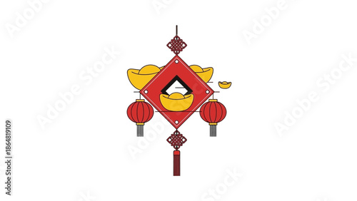 Chinese New Year ornament with lanterns and gold ingots.