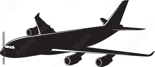 Black silhouette of a four-engine commercial airplane symbolizing global air travel and aviation