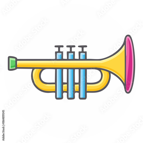 Playful cartoon trumpet illustration, a colorful brass wind instrument for jazz band and classical music.