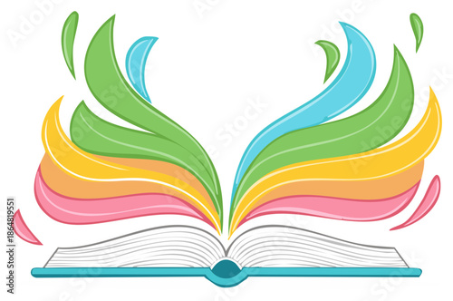 Open book with colorful waves flowing from the pages illustrating imagination
