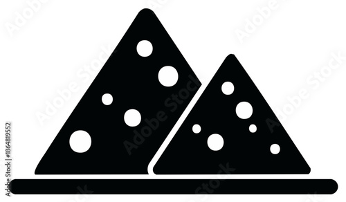 Monochrome graphic of two triangle cheese wedges placed on a platter forming hills or mountain icons