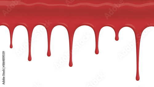 Red liquid drips flowing from horizontal line, abstract paint splatter effect isolated on white PNG.