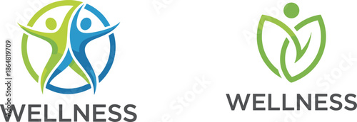 Wellness logo design, human figure with green leaf, healthy lifestyle concept, medical spa branding, holistic wellness icon