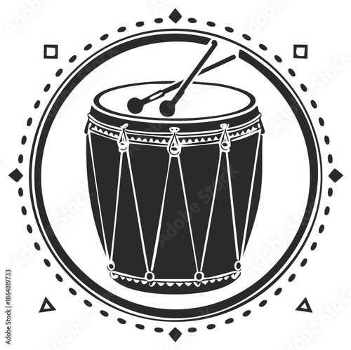 Monochrome drum musical percussion instrument illustration with drumsticks encircled by decorative border musical art