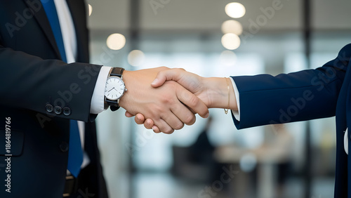 Business professionals shaking hands in modern office setting