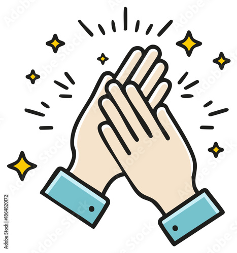 Cartoon illustration of hands clapping with starburst sparkles.