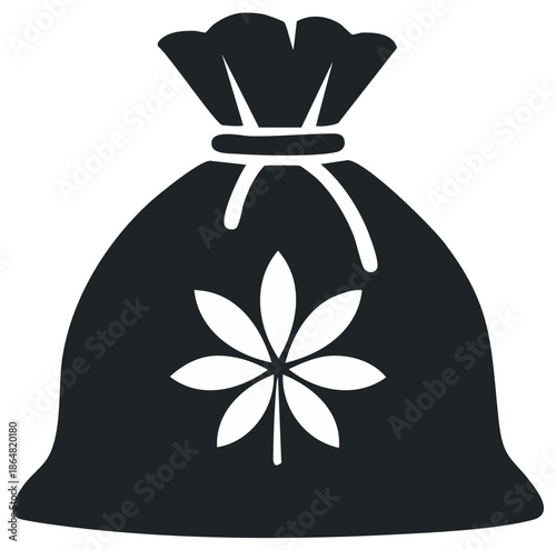 Monochrome vector icon of a sack of cannabis with a prominent marijuana leaf emblem