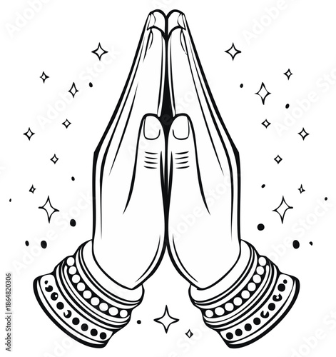 Stylized hands in traditional prayer or greeting gesture with ornate bangles and sparkling stars